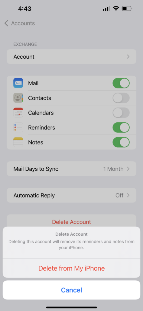 Apple iPhone Add Delete Exchange Account